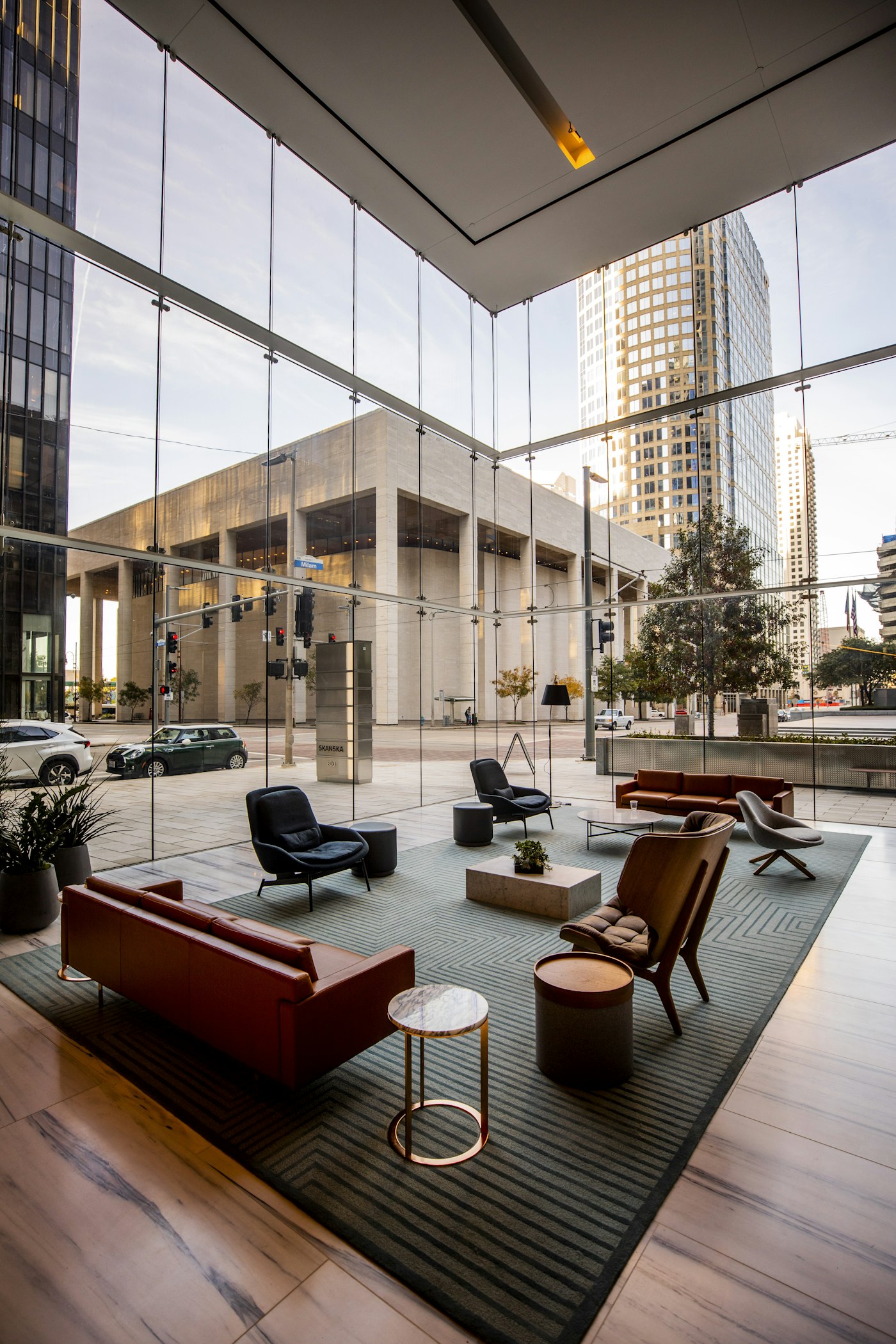 A calm, presentable workspace with a city view